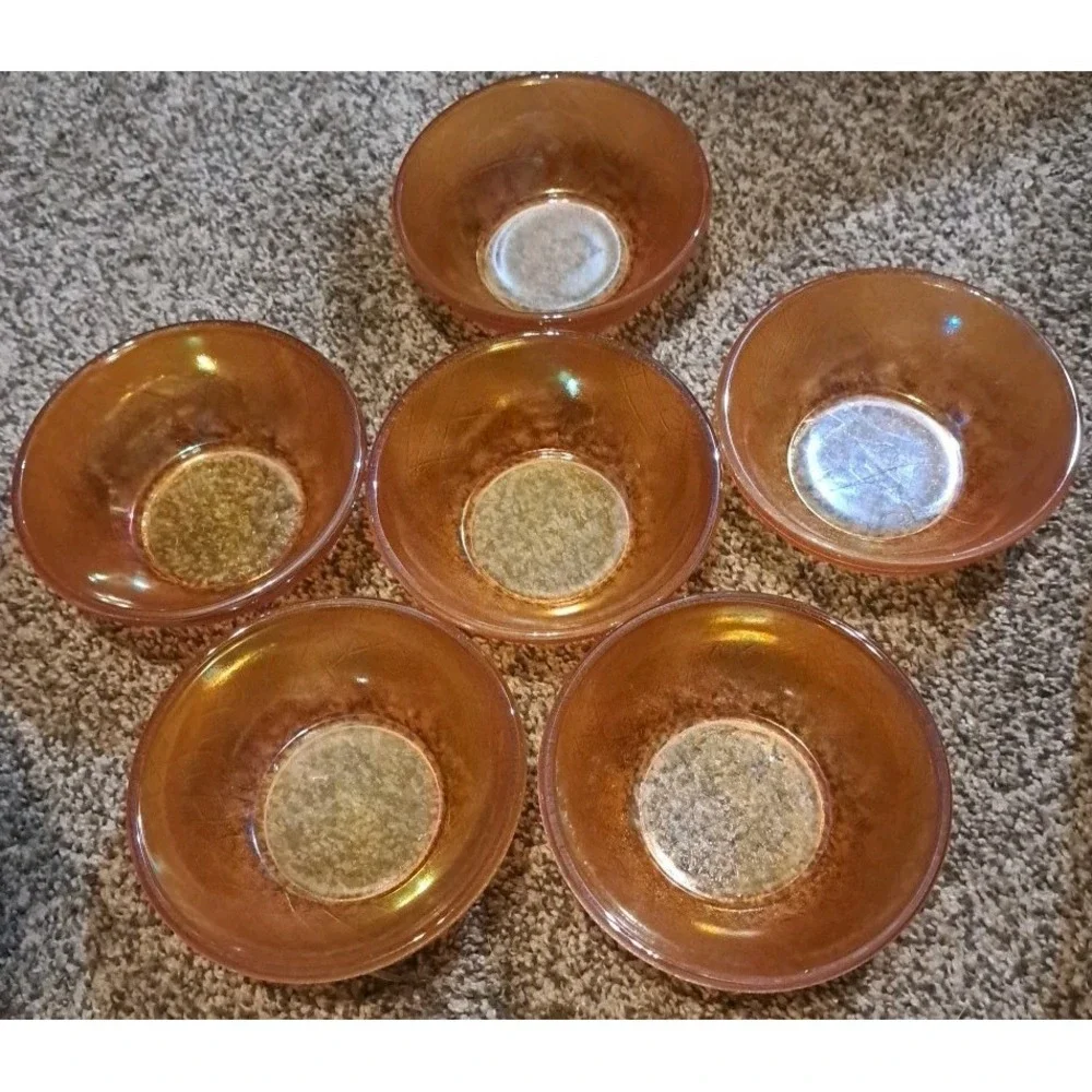Set Of 6 Vintage Marigold‎ Orange Iridescent Carnival Glass Dessert Berry Bowls